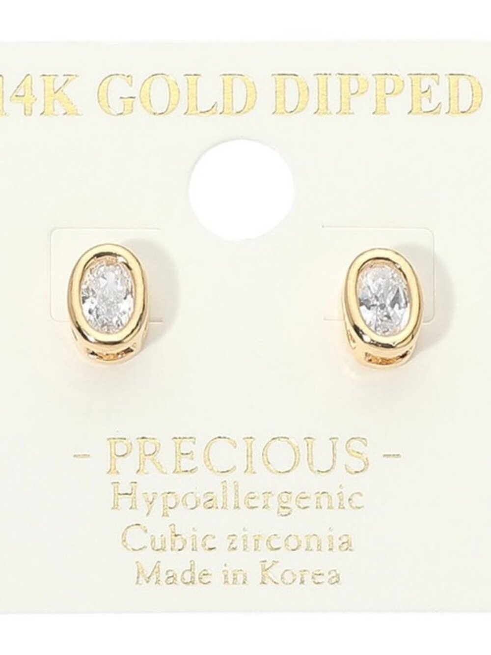14K GOLD OVAL BEZEL RHINESTONE STUD EARRINGS